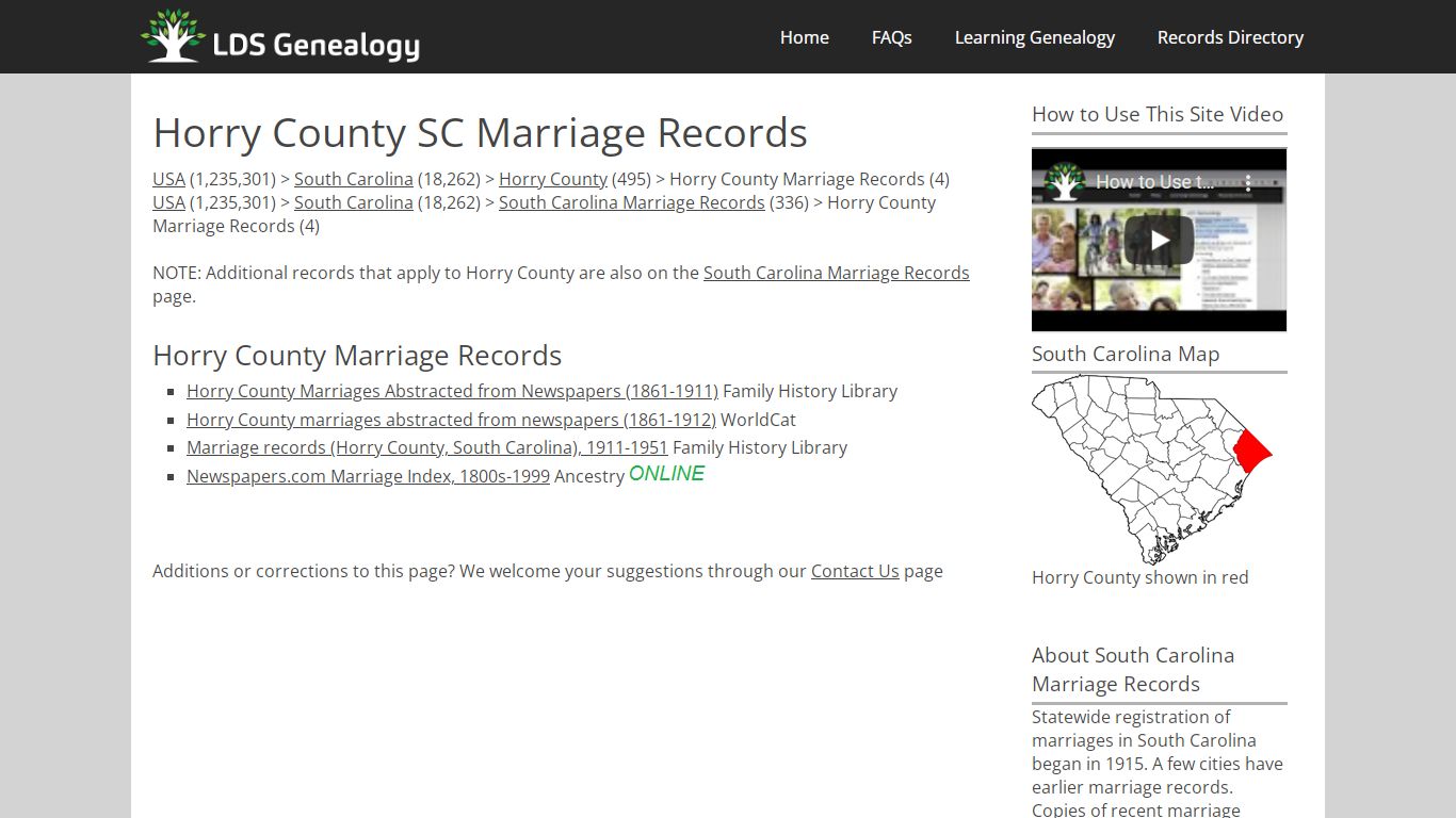 Horry County SC Marriage Records - LDS Genealogy